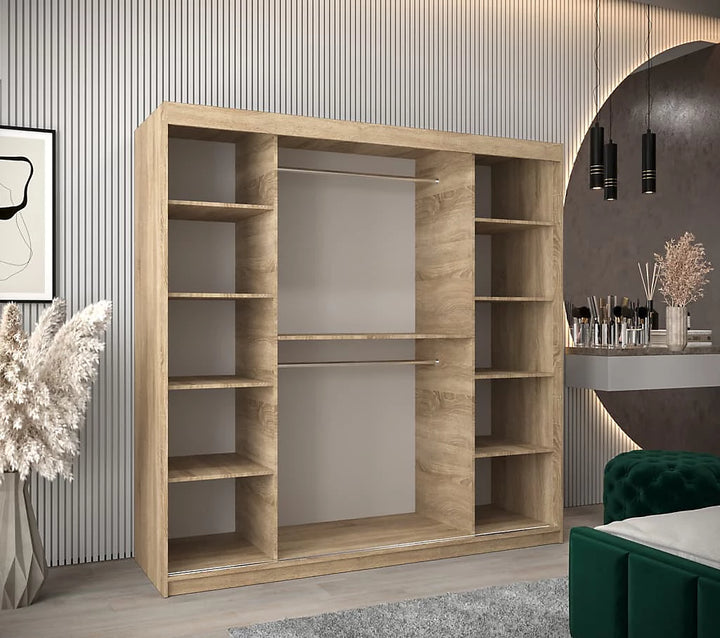 Verona 04 Contemporary 2 Mirrored Sliding Door Wardrobe 9 Shelves 2 Rails Oak Sonoma Effect (W)200cm