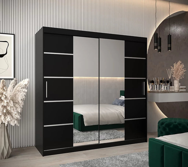 Verona 04 Contemporary 2 Mirrored Sliding Door Wardrobe 9 Shelves 2 Rails Black Matt (W)200cm