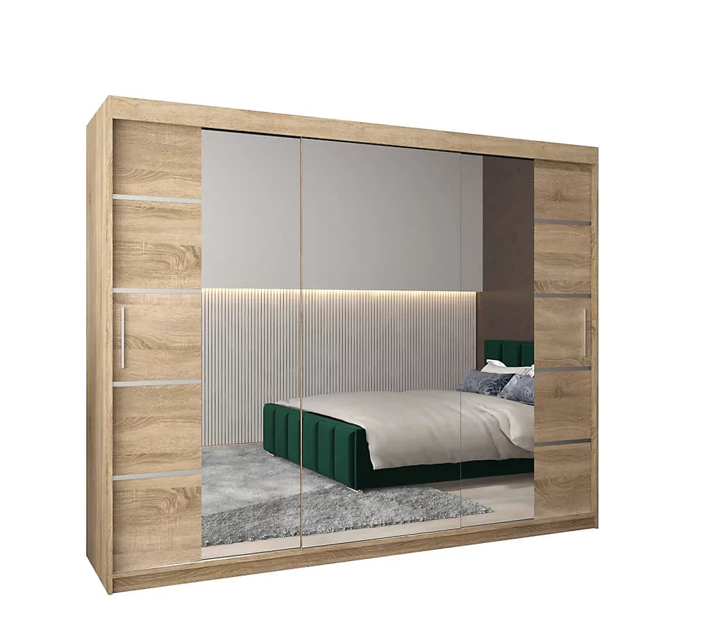 Verona 04 Contemporary 3 Mirrored Sliding Door Wardrobe 9 Shelves 2 Rails Oak Sonoma Effect (W)250cm