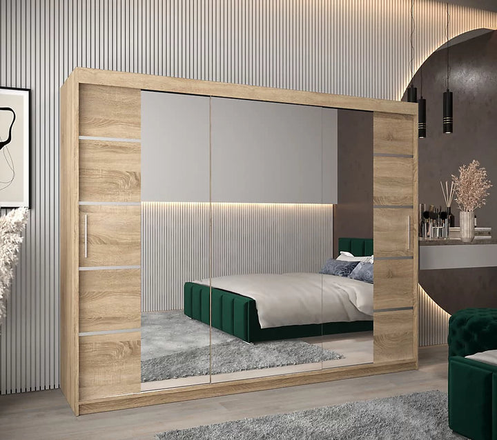 Verona 04 Contemporary 3 Mirrored Sliding Door Wardrobe 9 Shelves 2 Rails Oak Sonoma Effect (W)250cm