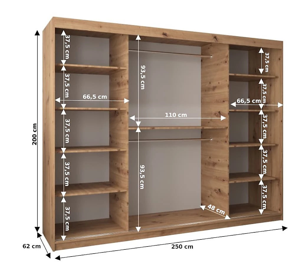 Verona 04 Contemporary 3 Mirrored Sliding Door Wardrobe 9 Shelves 2 Rails Oak Sonoma Effect (W)250cm