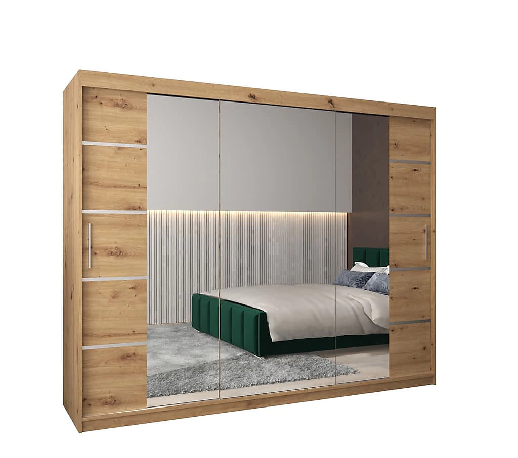 Verona 04 Contemporary 3 Mirrored Sliding Door Wardrobe 9 Shelves 2 Rails Oak Artisan Effect (W)250cm