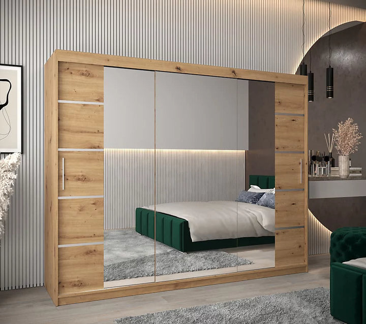 Verona 04 Contemporary 3 Mirrored Sliding Door Wardrobe 9 Shelves 2 Rails Oak Artisan Effect (W)250cm