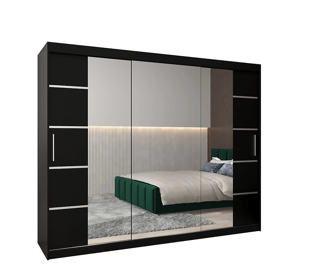 Verona 04 Contemporary 3 Mirrored Sliding Door Wardrobe 9 Shelves 2 Rails Black Matt (W)250cm