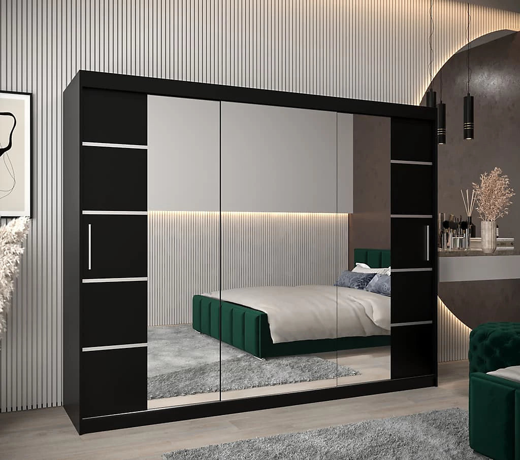 Verona 04 Contemporary 3 Mirrored Sliding Door Wardrobe 9 Shelves 2 Rails Black Matt (W)250cm