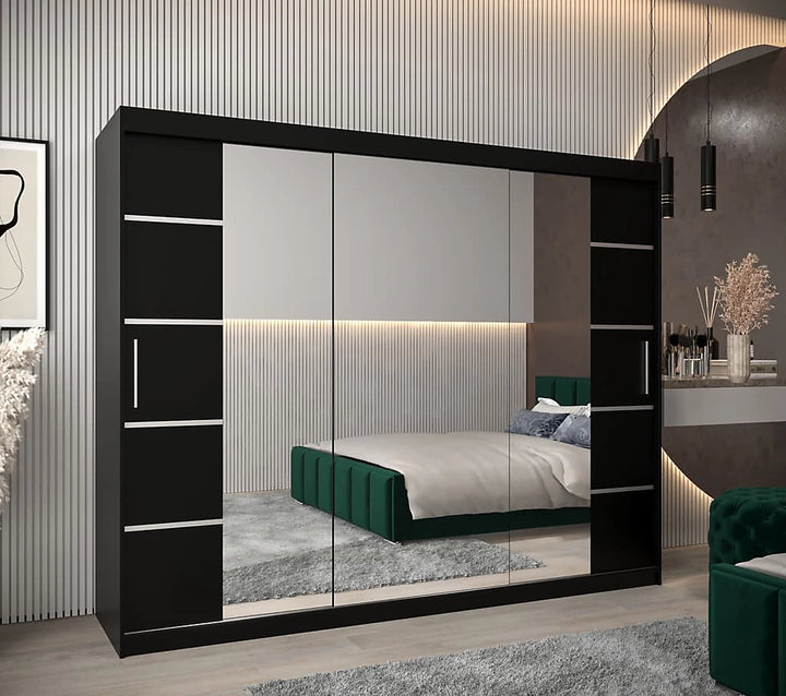 Verona 04 Contemporary 3 Mirrored Sliding Door Wardrobe 9 Shelves 2 Rails Black Matt (W)250cm