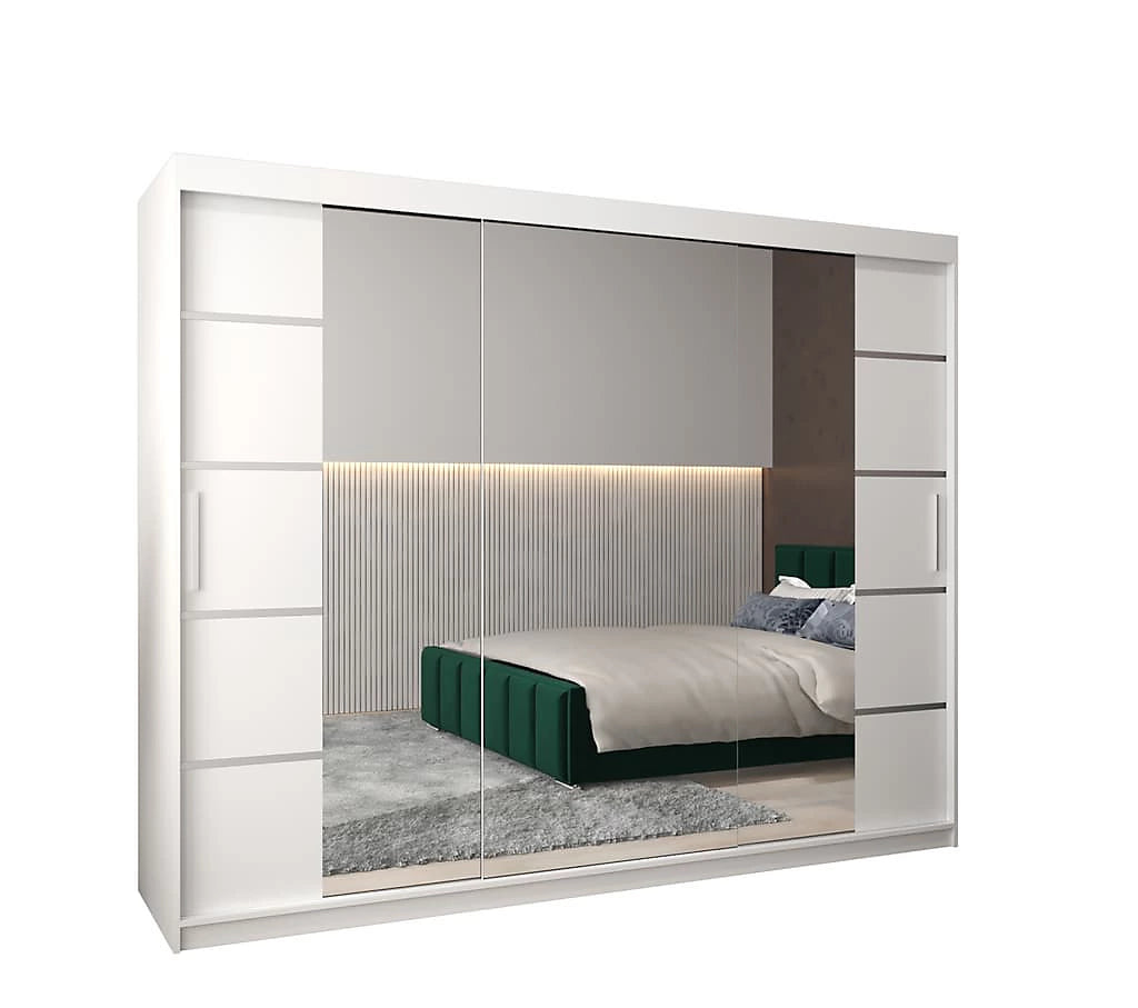 Verona 04 Contemporary 3 Mirrored Sliding Door Wardrobe 9 Shelves 2 Rails White Matt (W)250cm