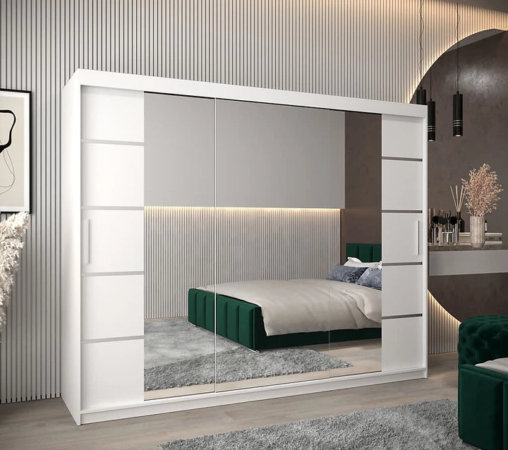 Verona 04 Contemporary 3 Mirrored Sliding Door Wardrobe 9 Shelves 2 Rails White Matt (W)250cm