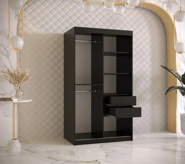 Ramiro I Contemporary 2 Sliding Door Wardrobe 5 Shelves 2 Rails Black Matt (W)100cm