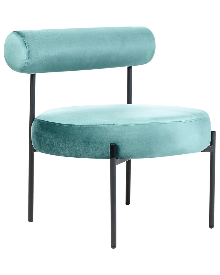 Teal chair with black metal legs on a white background