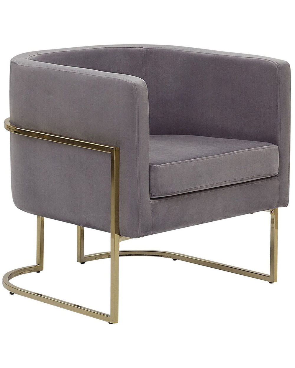 Gray velvet armchair with gold metal frame on a white background
