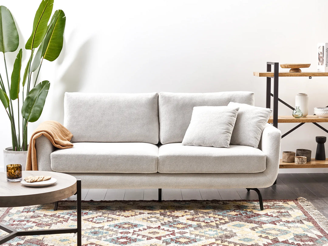 Light gray sofa in a living room with a rug, coffee table, and decorative items.