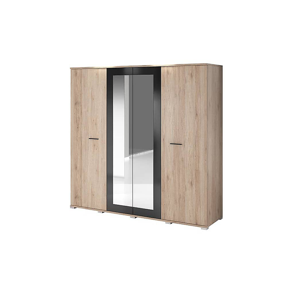 Stylish Bari Mirrored Hinged Door Wardrobe W200cm - Oak San Remo & Black Finish