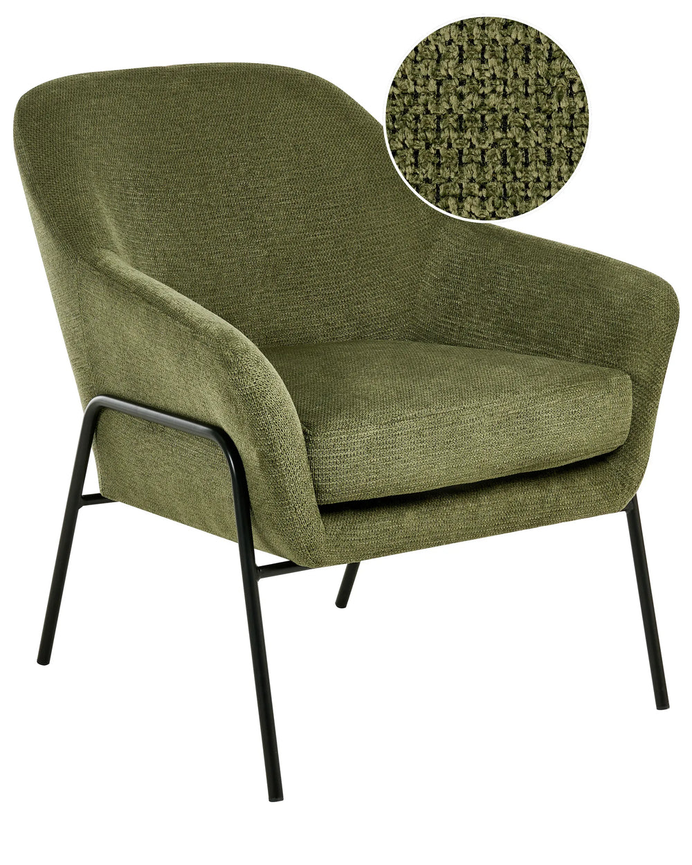 Green armchair with a close-up of the fabric texture on a white background