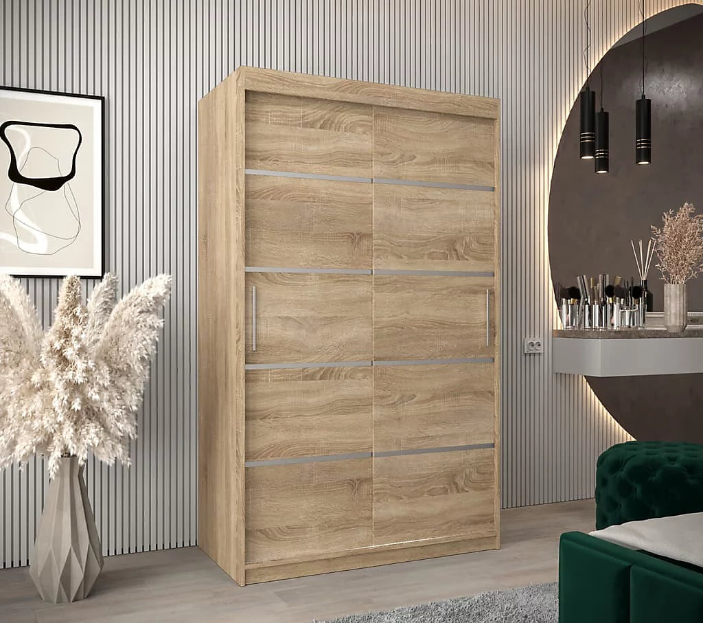 Verona 01 Contemporary 2 Sliding Door Wardrobe 5 Shelves 2 Rails Oak Sonoma Effect (W)120cm