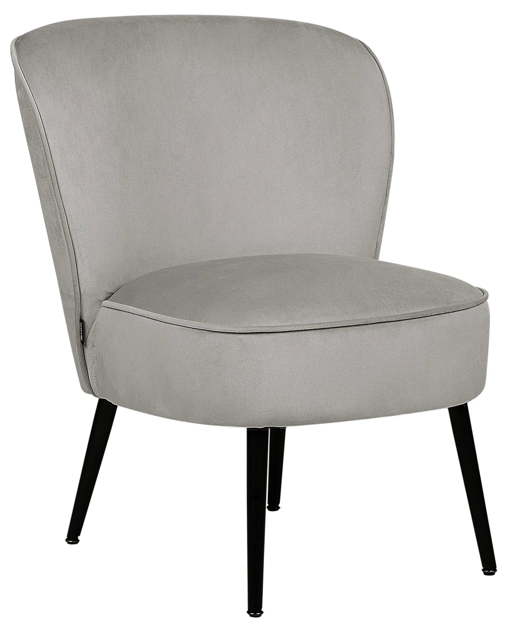 Gray upholstered chair with black legs on a white background