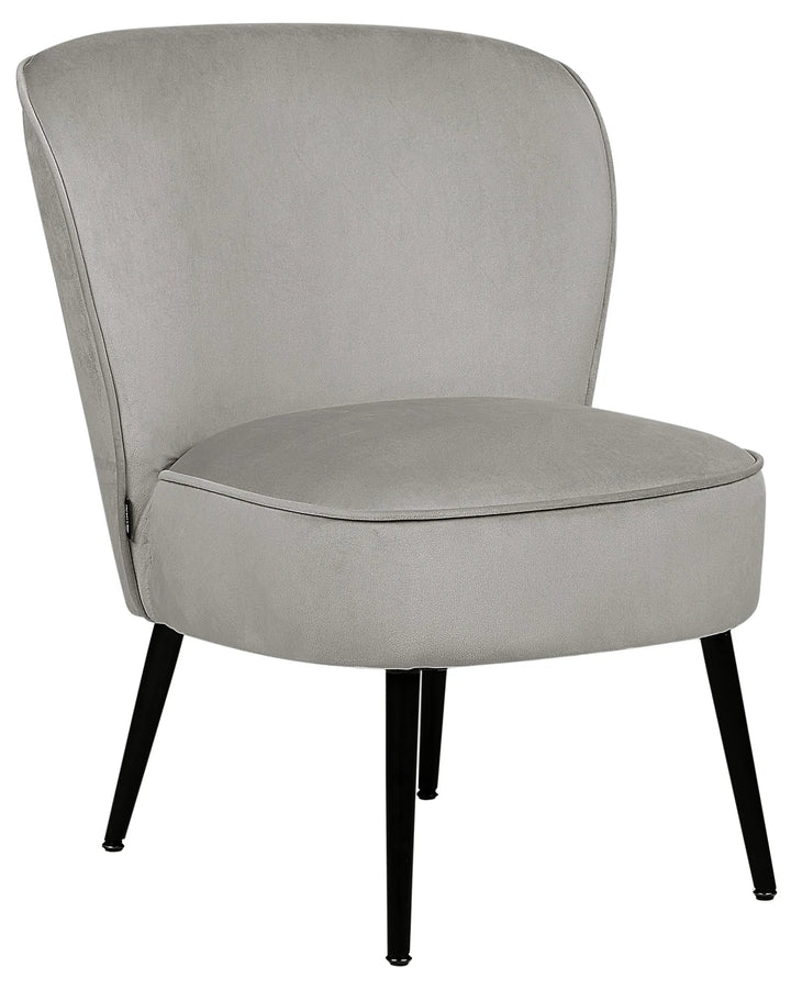 Gray upholstered chair with black legs on a white background