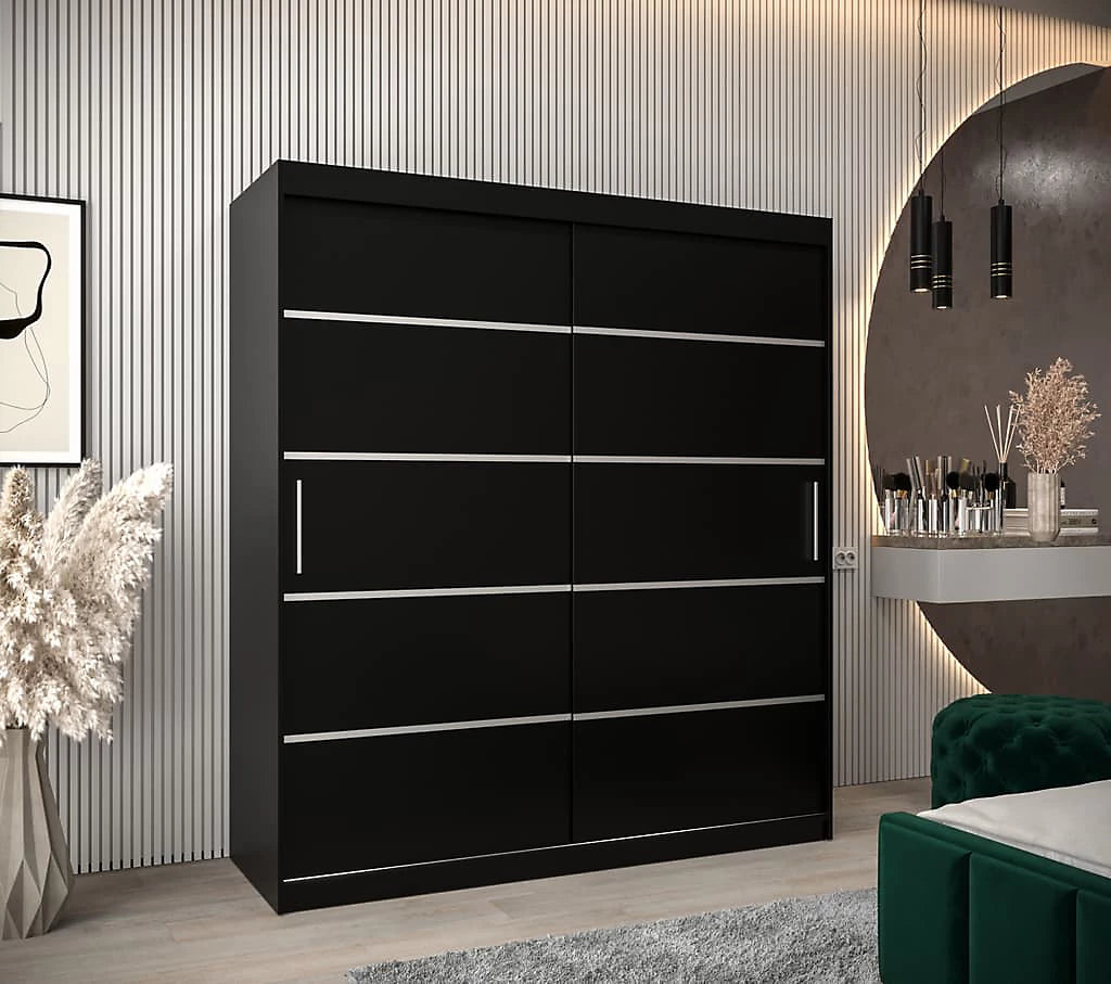 Verona 01 Contemporary 2 Sliding Door Wardrobe 9 Shelves 2 Rails Black Matt (W)180cm