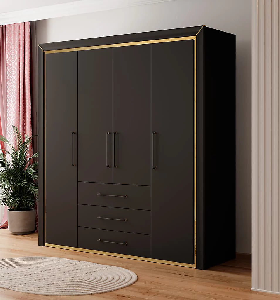 Chic Arno Hinged Door Wardrobe 199cm in Black & Gold Trimming - Contemporary Elegance