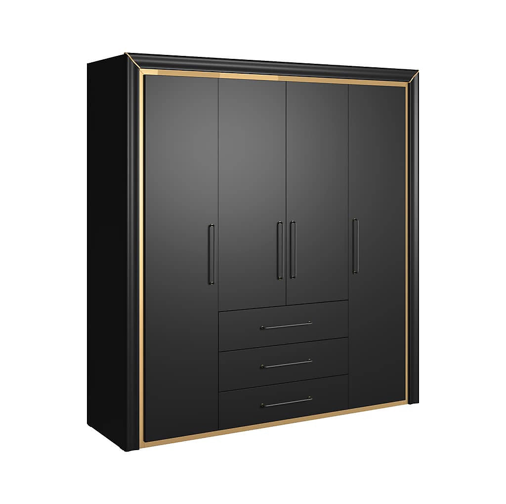 Chic Arno Hinged Door Wardrobe 199cm in Black & Gold Trimming - Contemporary Elegance