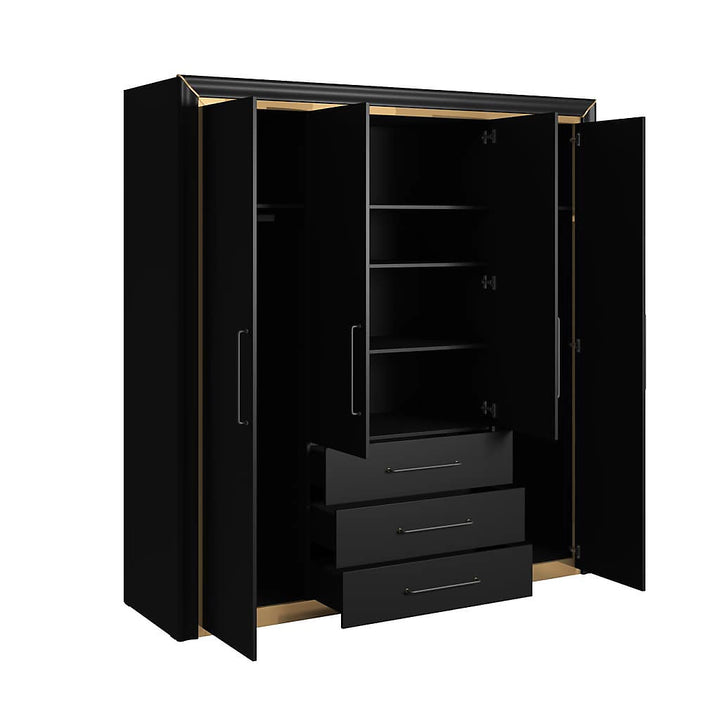 Chic Arno Hinged Door Wardrobe 199cm in Black & Gold Trimming - Contemporary Elegance