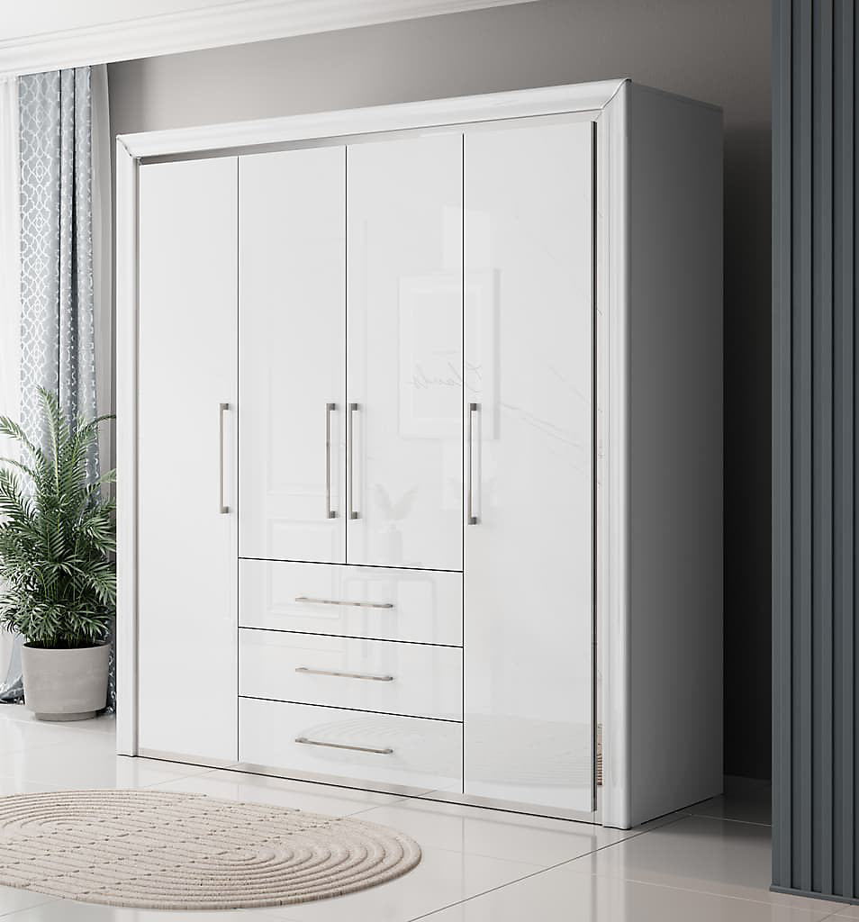 Elegant Arno Hinged Door Wardrobe 199cm in White & Silver Trimming - Luxurious Bedroom Storage