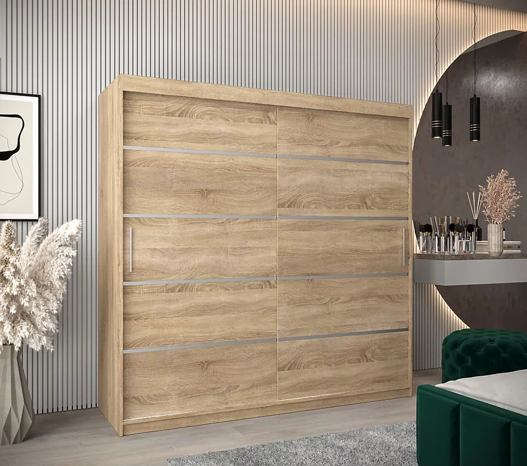 Verona 01 Contemporary 2 Sliding Door Wardrobe 9 Shelves 2 Rails Oak Sonoma Effect  (W)200cm