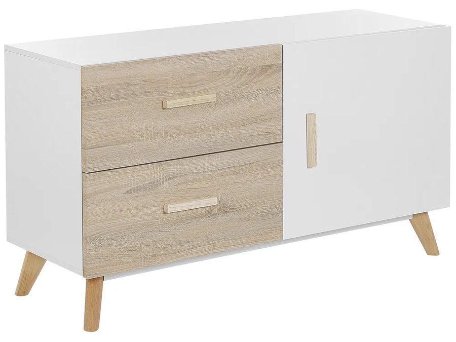 White and wood-colored sideboard with two drawers on a white background