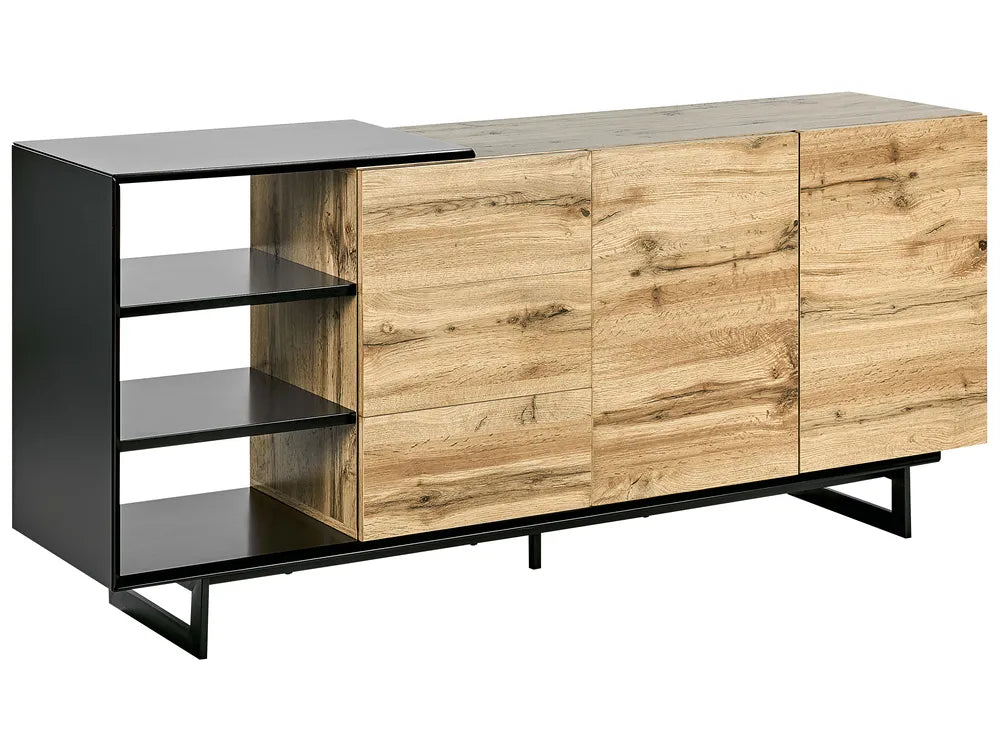 Wooden sideboard with black metal frame on a white background