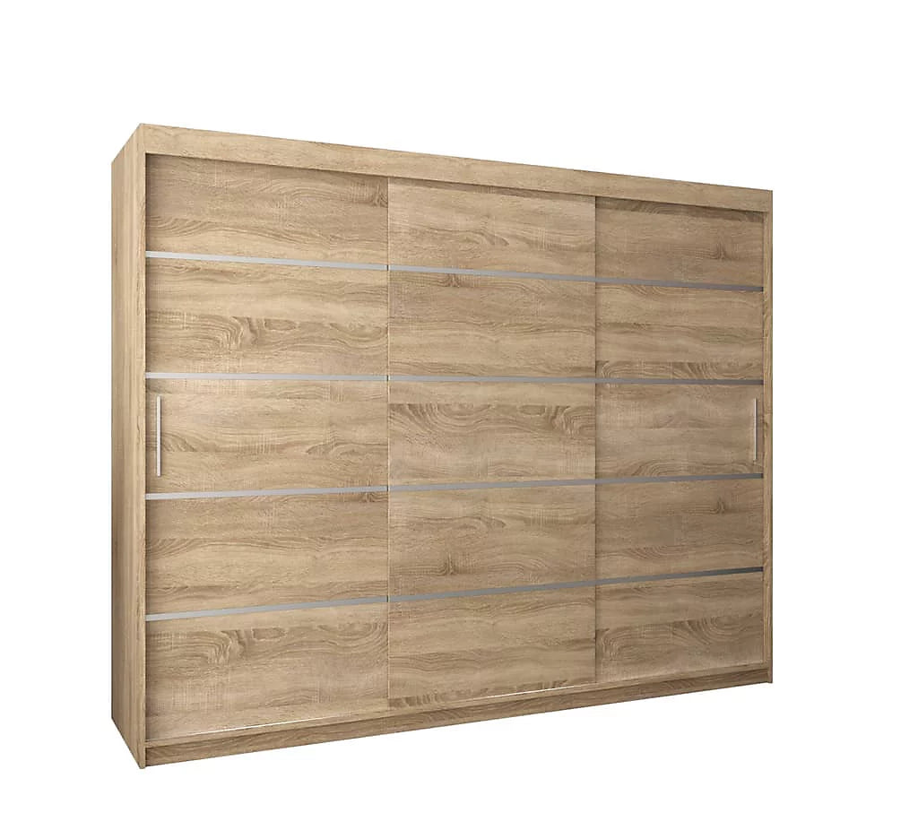 Verona 01 Contemporary 3 Sliding Door Wardrobe 9 Shelves 2 Rails Oak Sonoma Effect (W)250cm