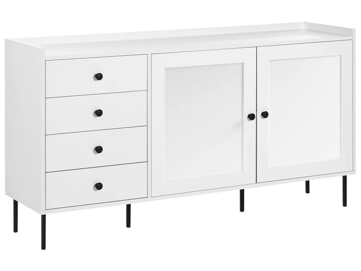 White dresser with multiple drawers and doors on a white background