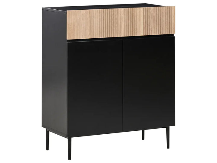 Black cabinet with a wooden top on a white background