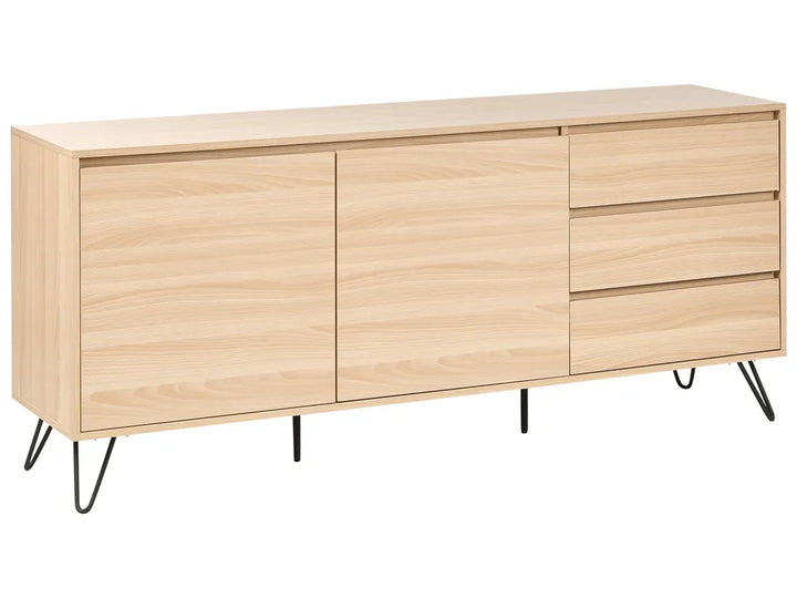 Light wood sideboard with metal legs on a white background