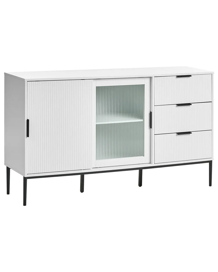 White sideboard with sliding glass door and drawers on a white background