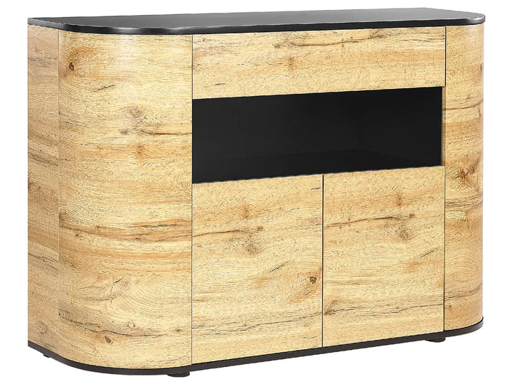 Wooden sideboard with black accents on a white background