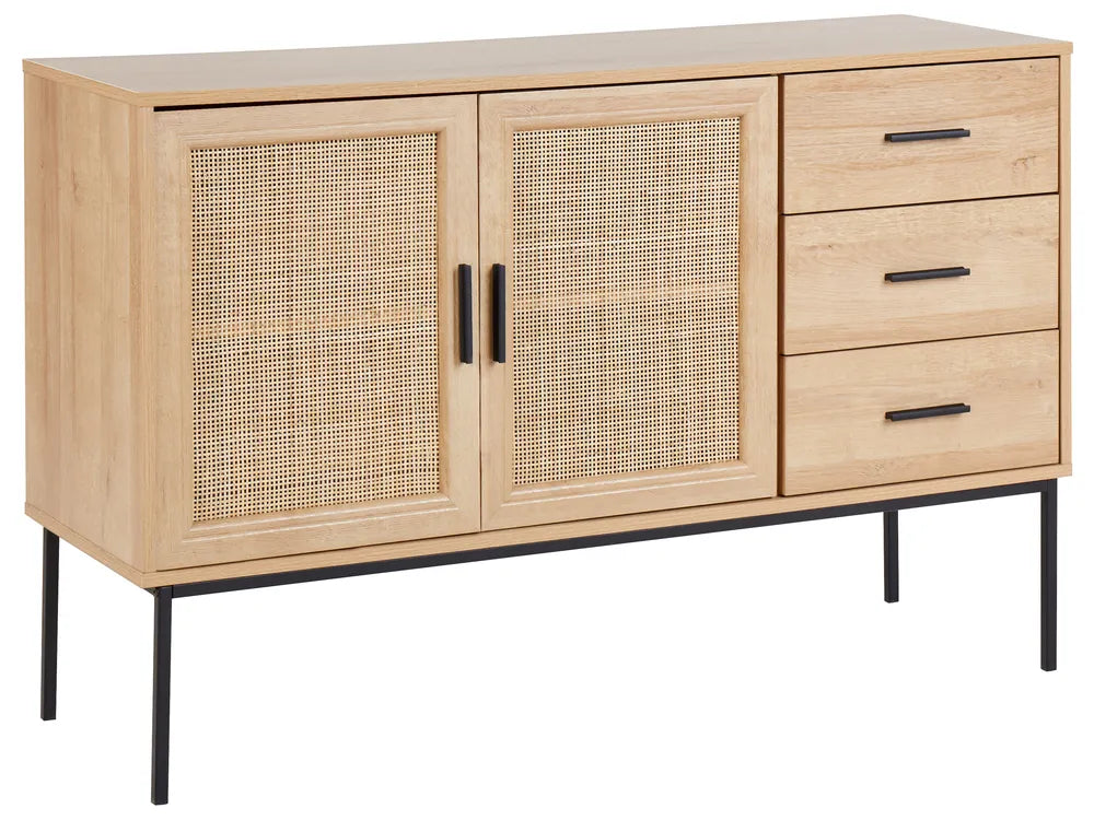 Wooden cabinet with rattan doors and drawers on a white background