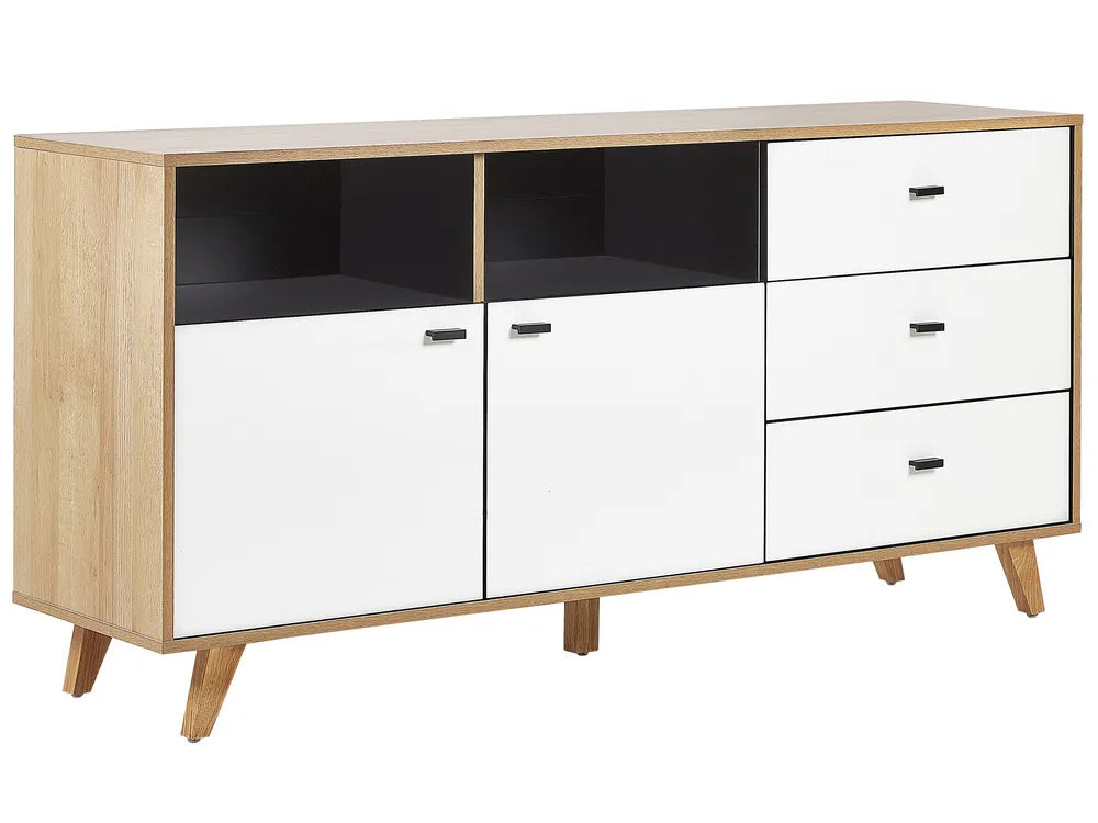 Wooden sideboard with white doors and drawers on a white background
