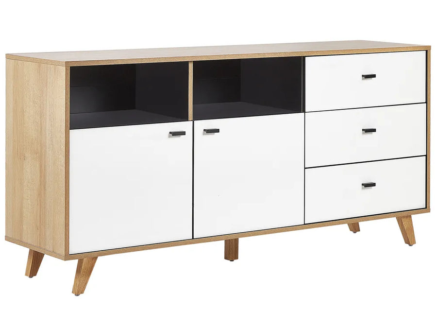 Wooden sideboard with white doors and drawers on a white background