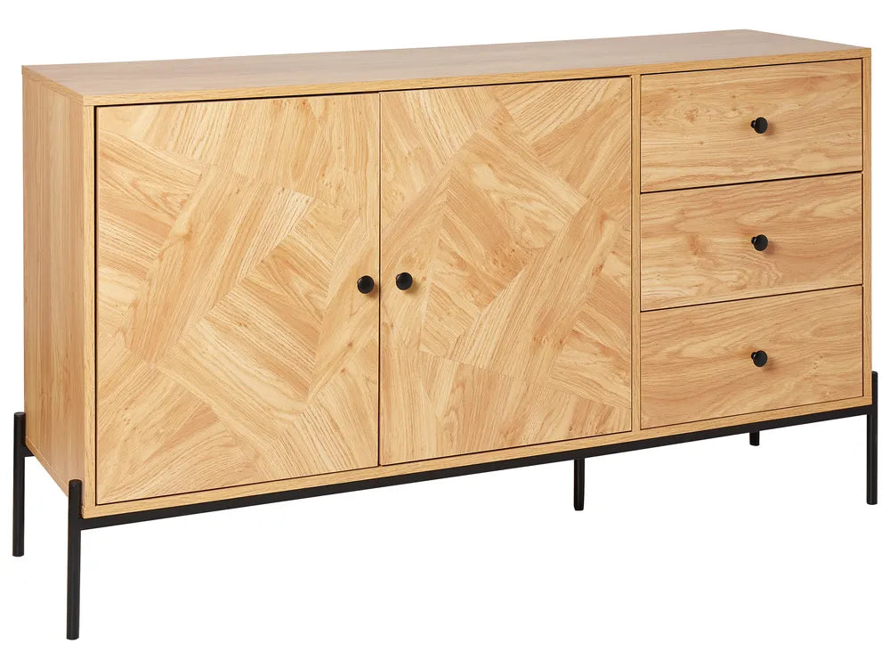 Wooden sideboard with herringbone pattern and black legs on a white background