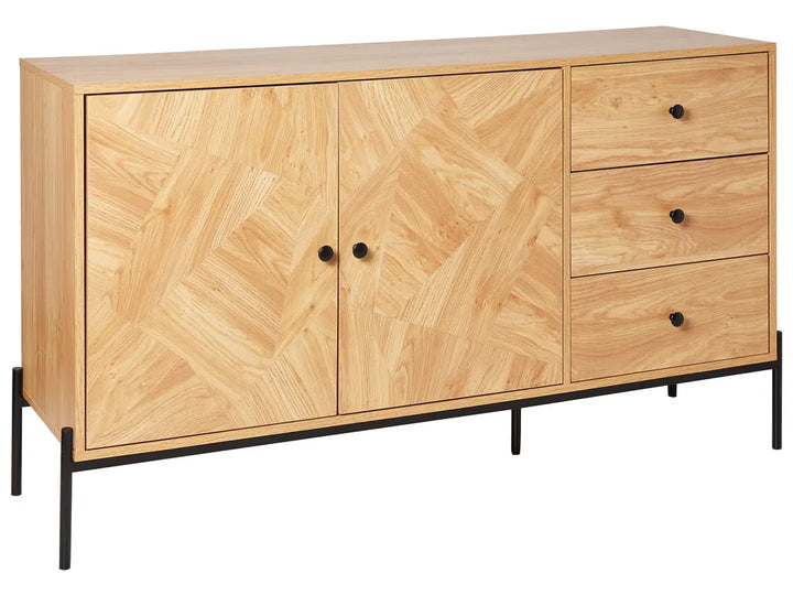 Wooden sideboard with herringbone pattern and black legs on a white background