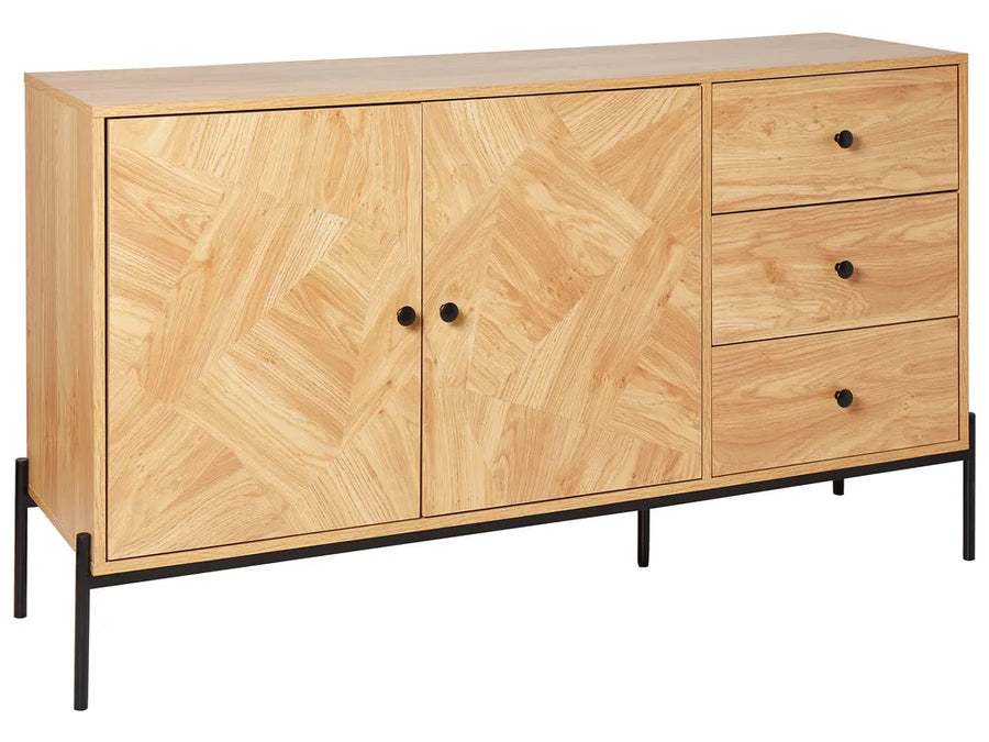 Wooden sideboard with herringbone pattern and black legs on a white background