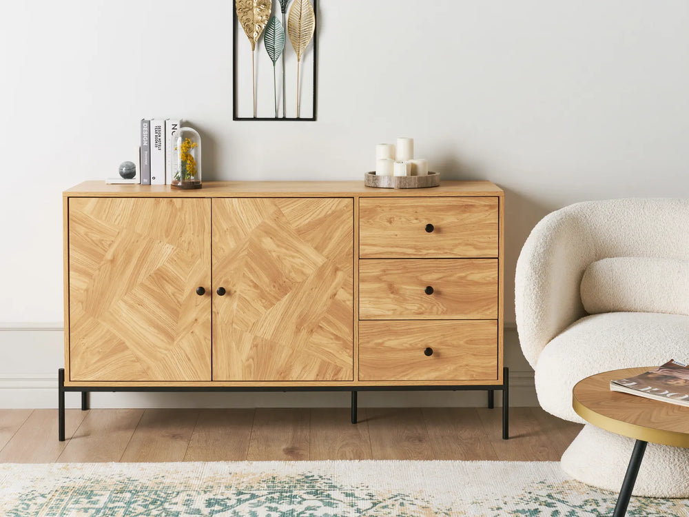 Wooden sideboard with drawers in a living room setting