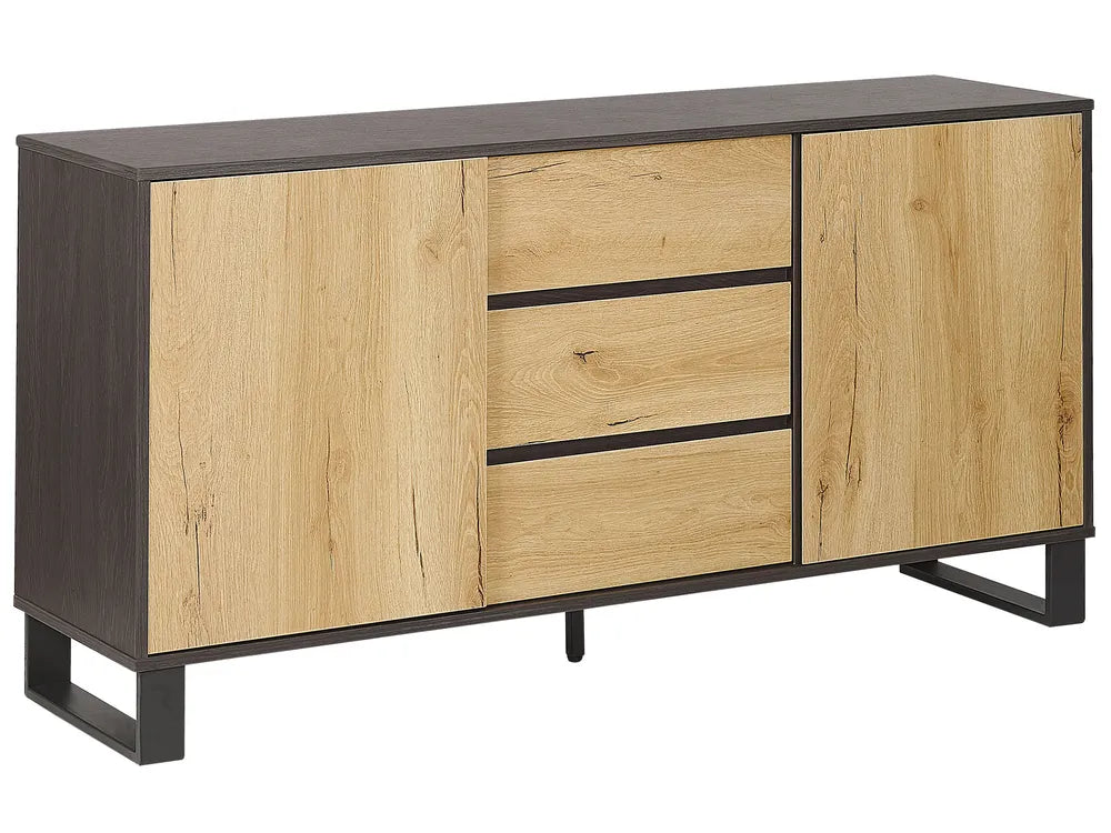 Wooden sideboard with black metal legs on a white background