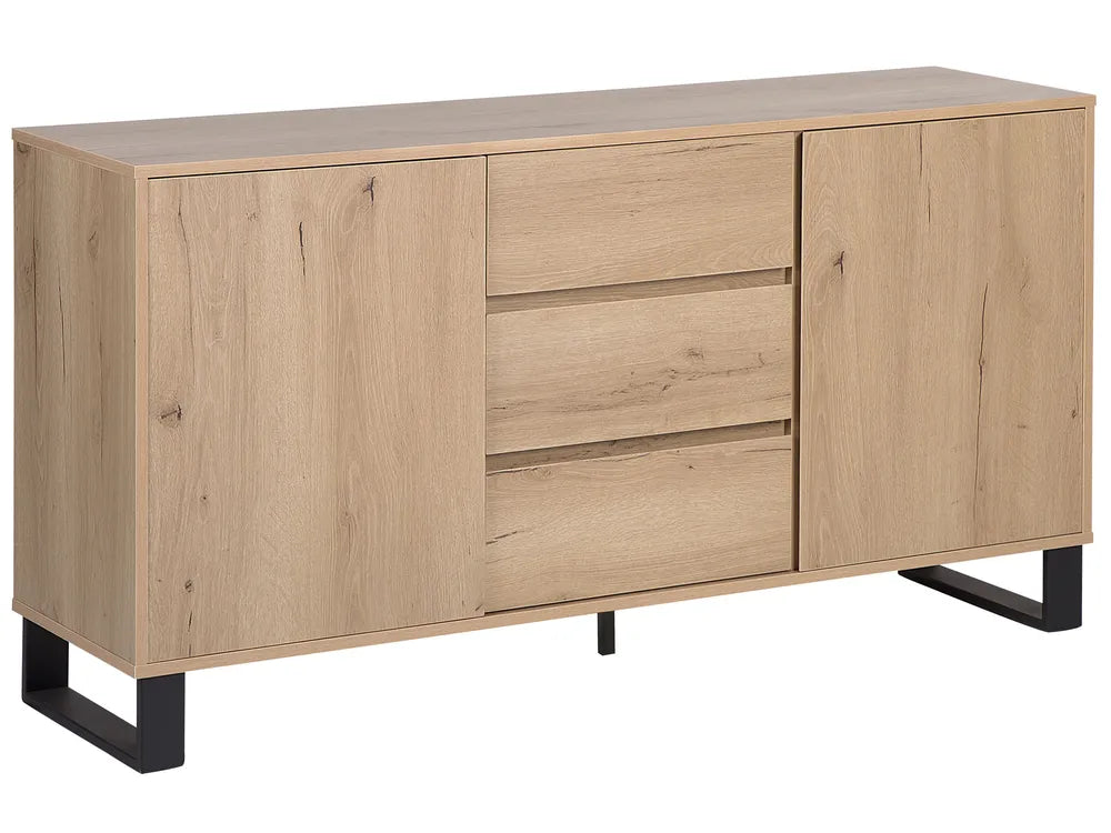 Wooden sideboard with doors and drawers on a white background