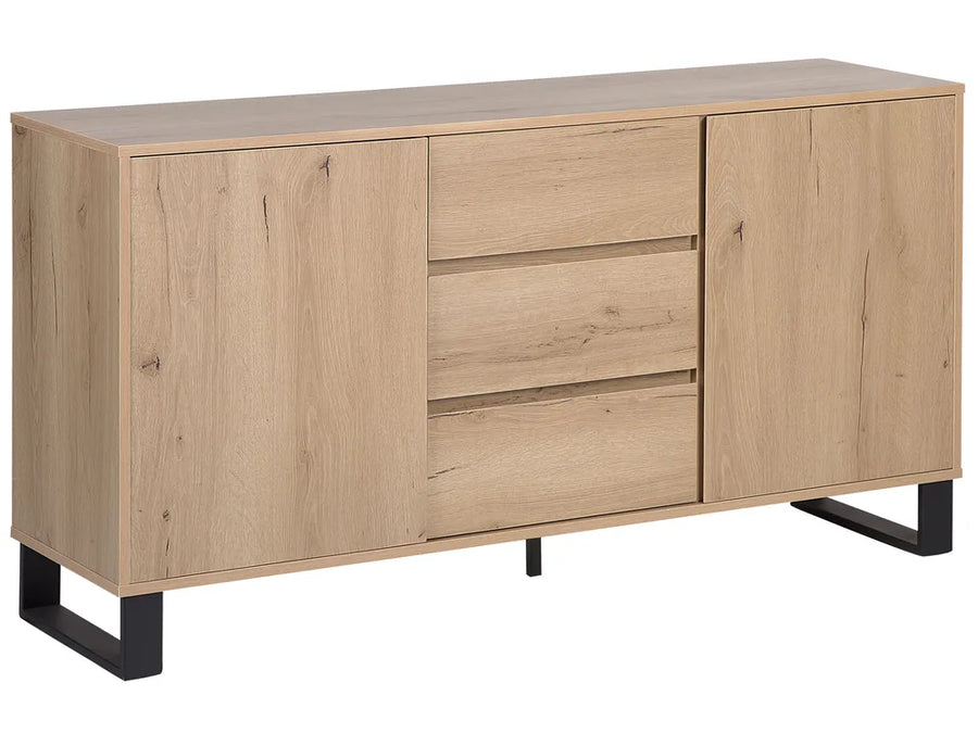 Wooden sideboard with doors and drawers on a white background
