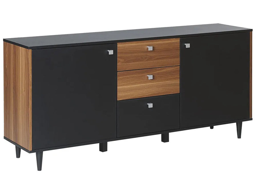 Black and wood sideboard with drawers on a white background