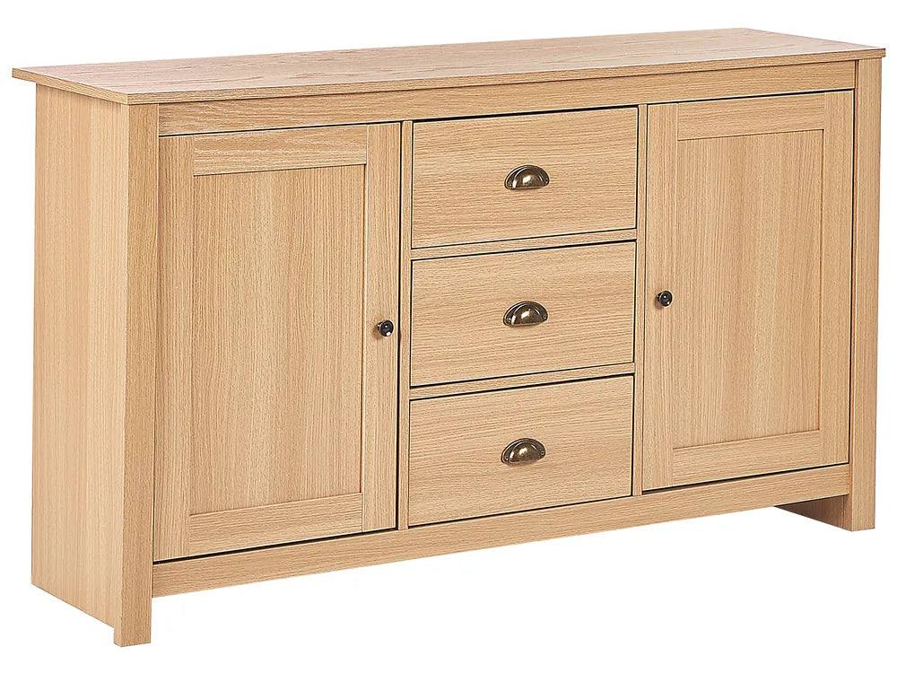 Light wood sideboard with doors and drawers on a white background