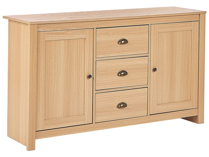 Light wood sideboard with doors and drawers on a white background