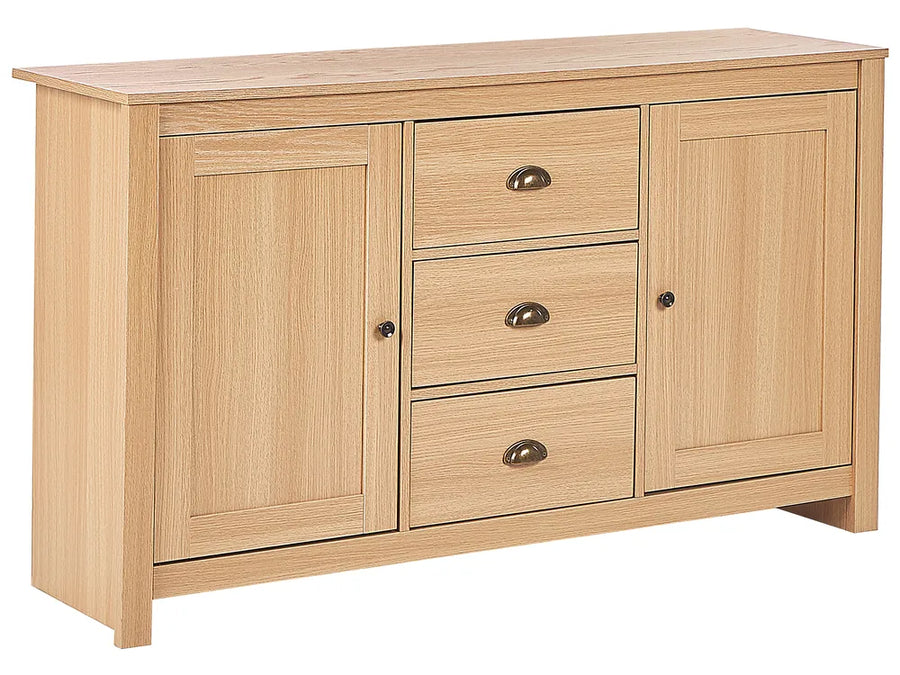 Light wood sideboard with doors and drawers on a white background