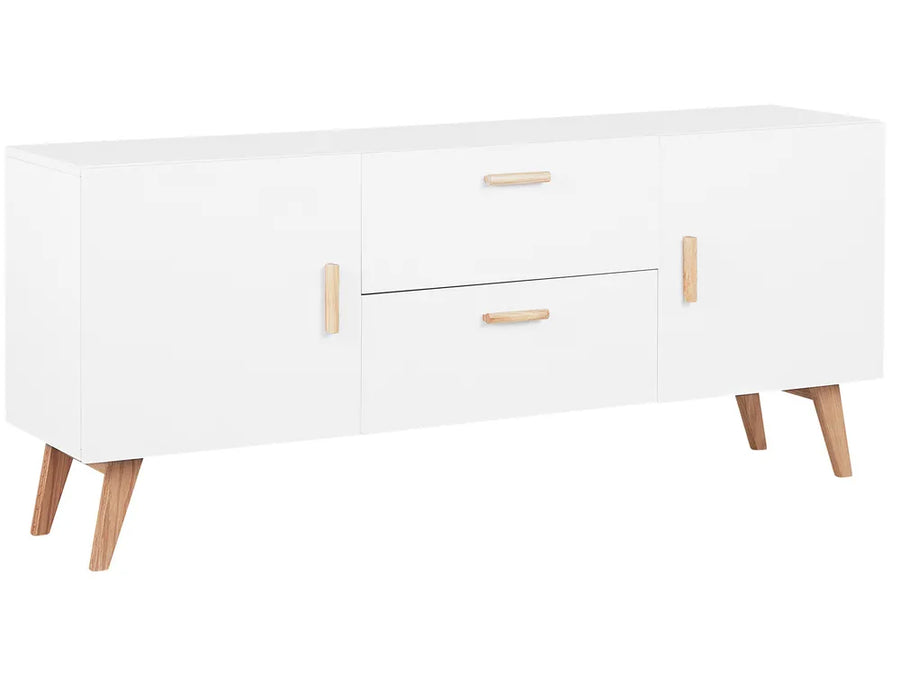 White sideboard with wooden legs and handles on a white background